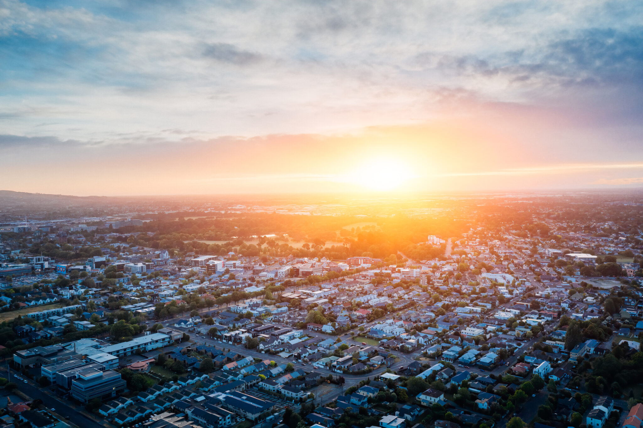 Christchurch cityscape at sunset.