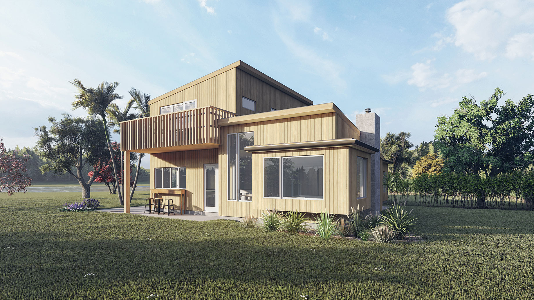 Two storey wooden house with a deck render