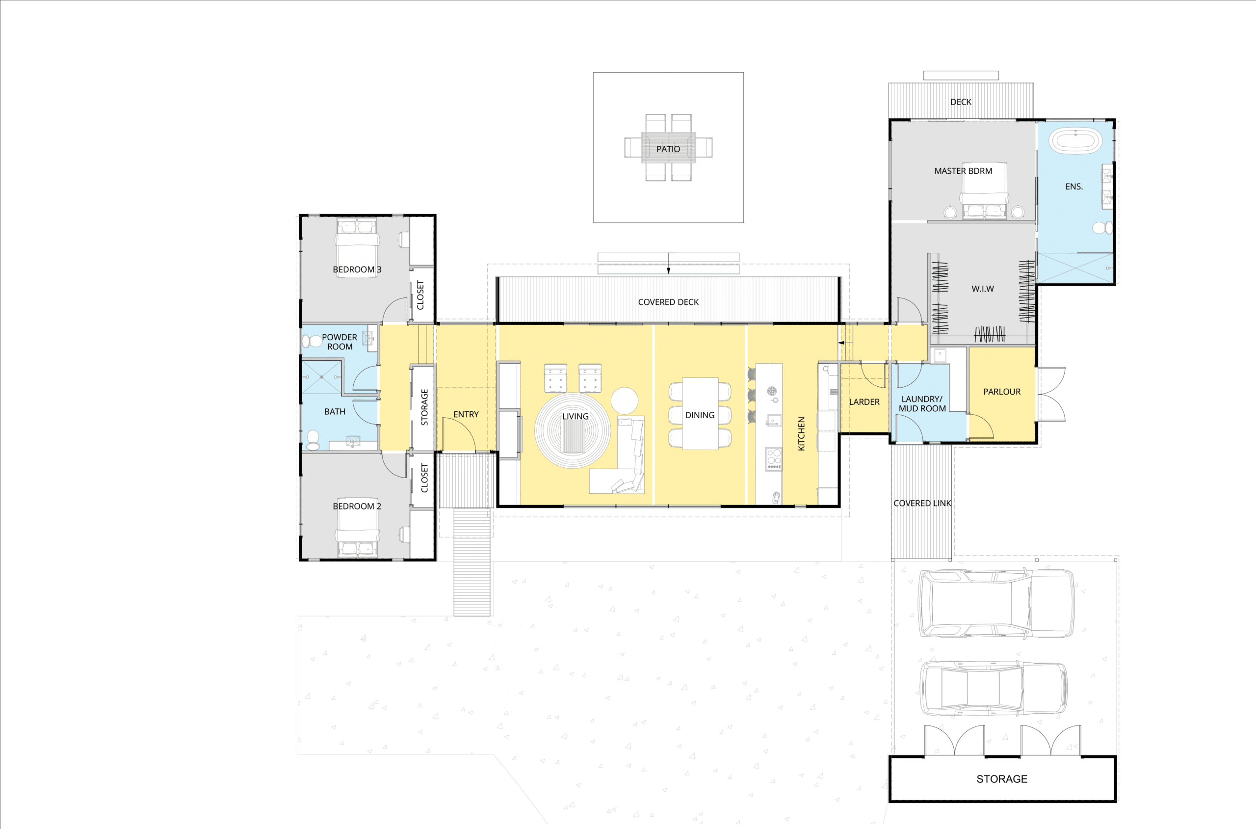 This is the Floor Plan for DB1463. The Floor Area Is 206.6 m2. This Home Holds Three bedrooms, Each With a Walk in wardrobe. The Master Bedroom Includes An Ensuite. This Open plan living/dining/kitchen with scullery Is Great For Large Families. The Double garage Has Lots Of Storage Room. Covered Outdoor Area With a Separate Mudroom Entrance. The Home Has A Wide Covered Deck with Patio. The Master Bedroom Also Has A Mini Deck.