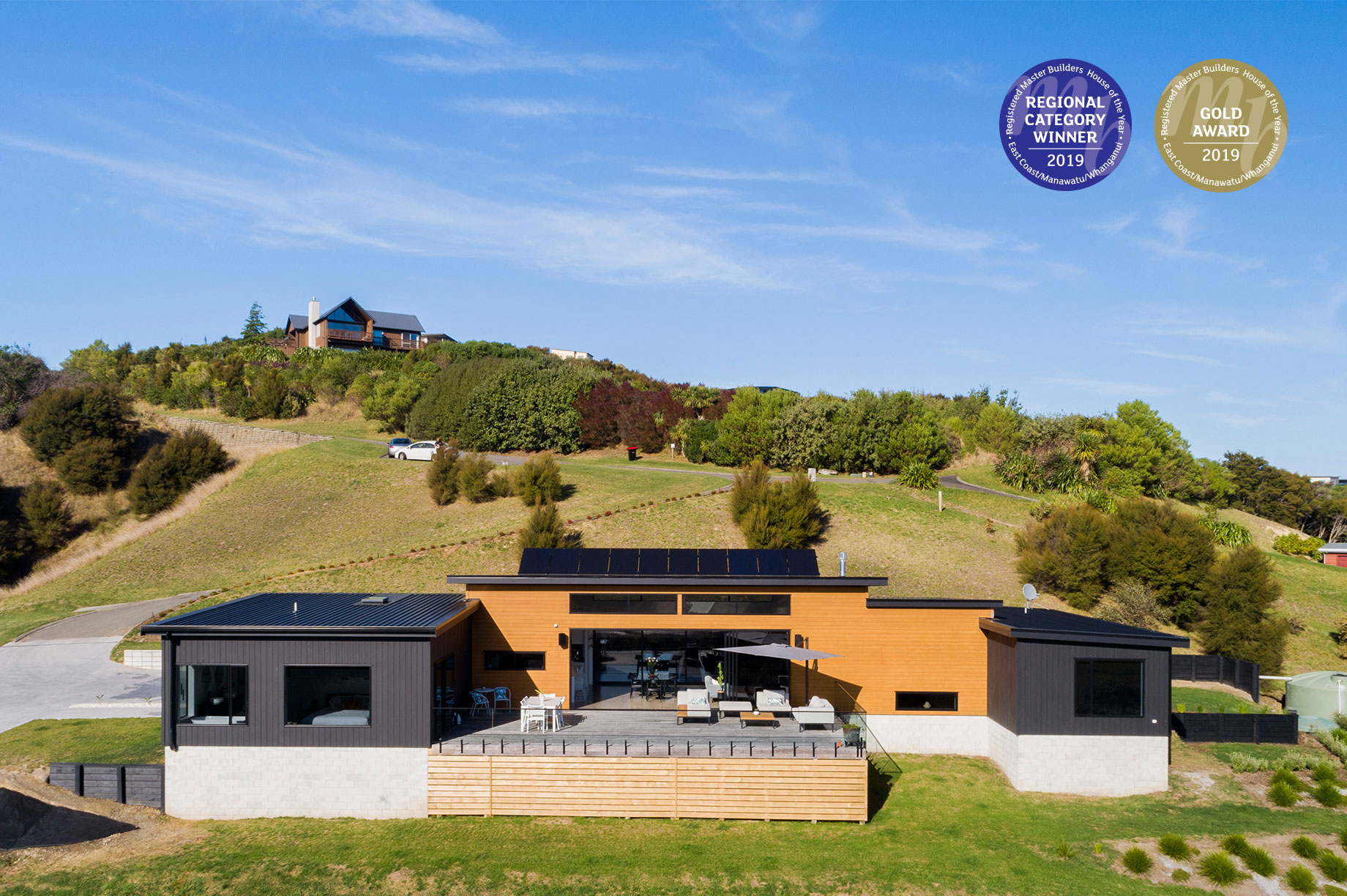 Elevated view of a rural house exterior