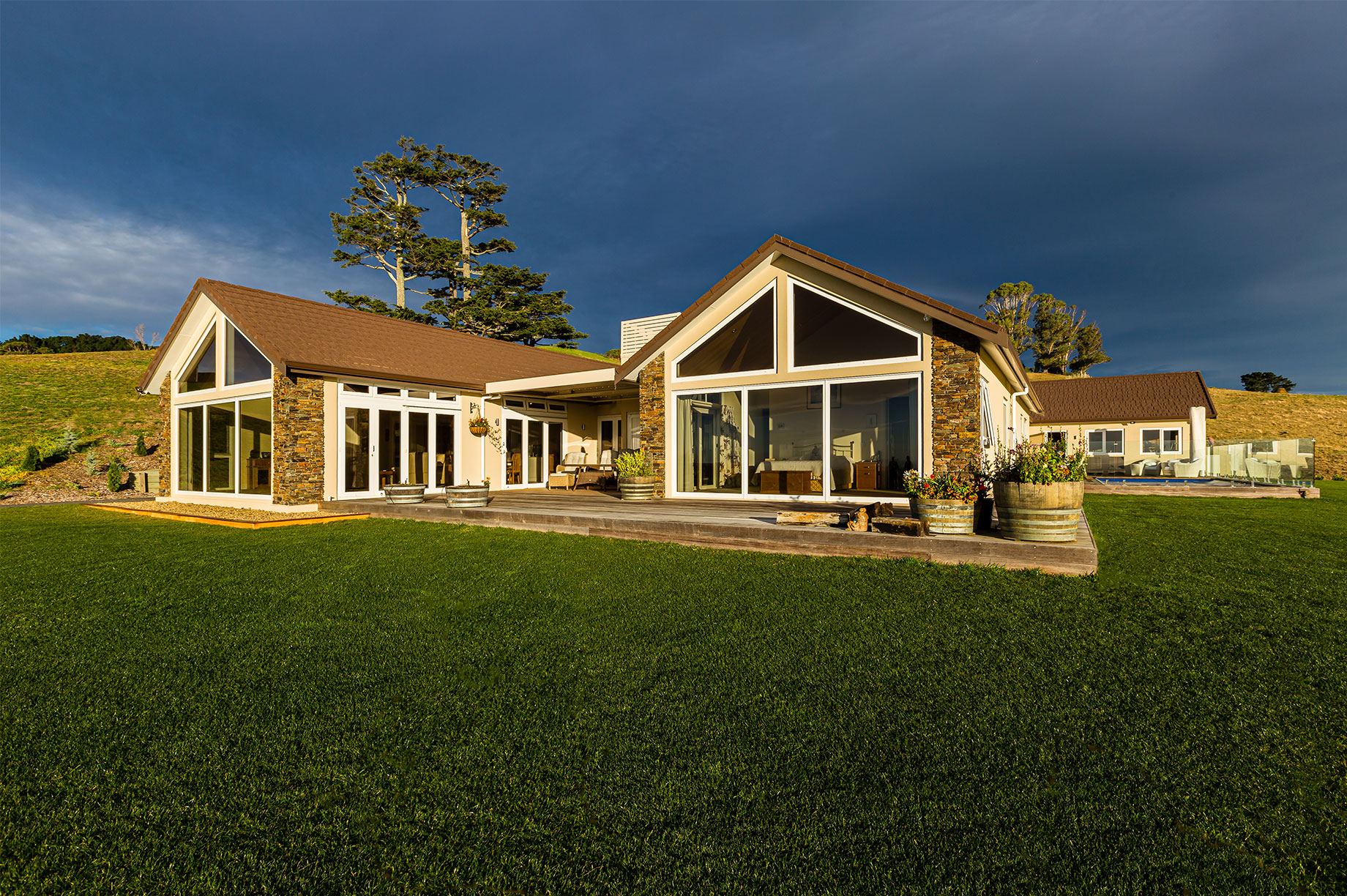 Rural house exterior in evening time