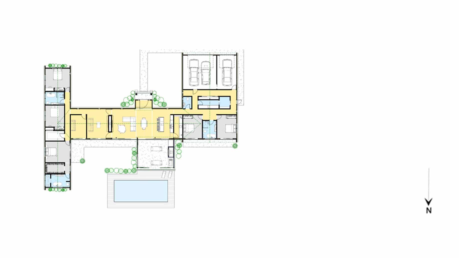 Floor plan for 16050. This home has a wide living space with lots of natural light coming through into the home. The floor area is 434.53 m2. The home has a feature entry. There are three bedrooms and a study room. There is also a seperate media room. There is open plan living, dining, and kitchen area with scullery to kitchen. There are 3x double garages to fit 6 cars or you can turn one of the garages into a workshop. The home has a two large decks at each side of the home, with a pool.
