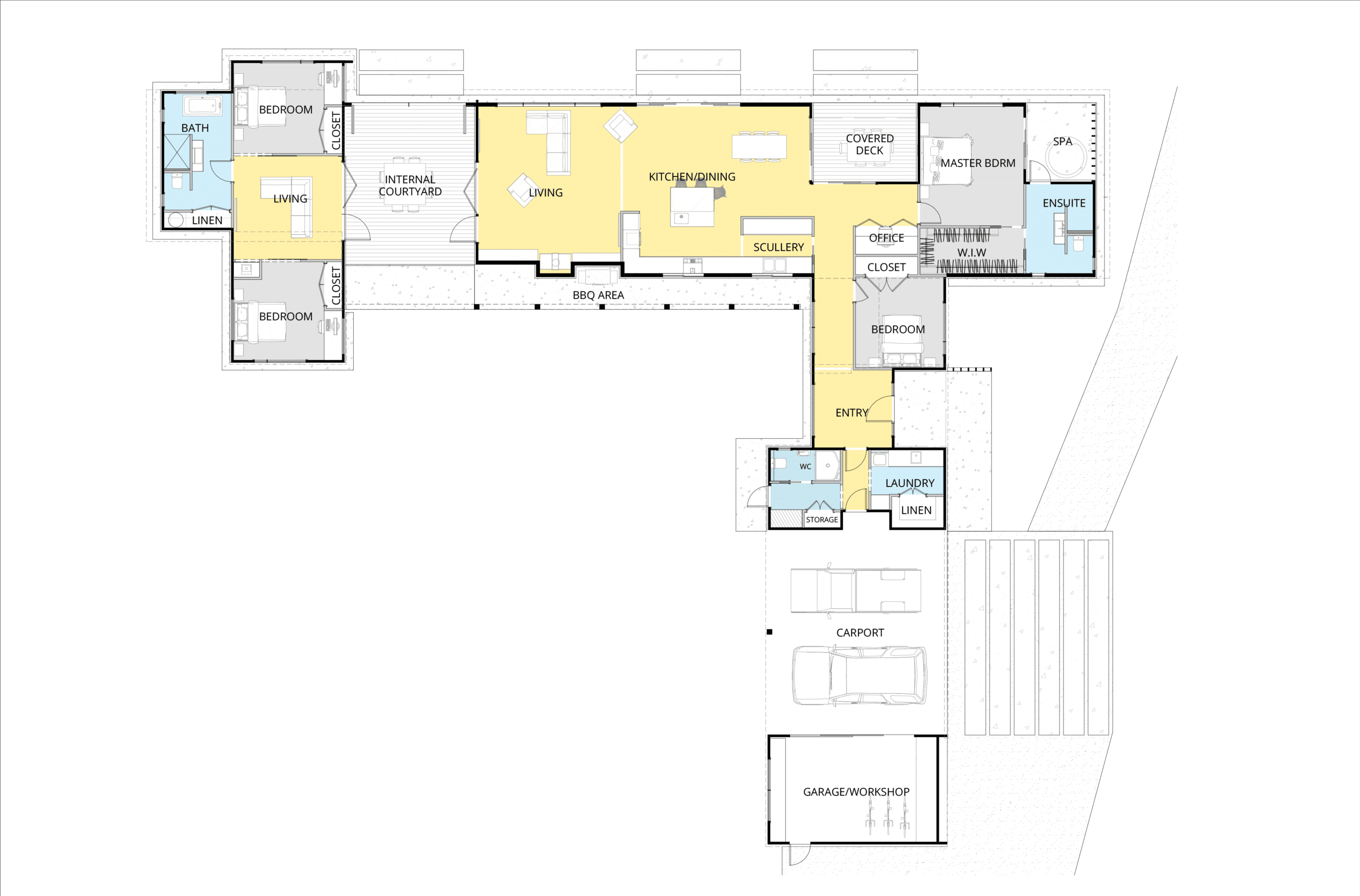 Floor plan for DB17016. The floor area is 280.38 m2. The home holds four bedrooms and 2 bathrooms. A large double garage with a workshop area. This home has a wide deck and patio which is covered. There is an internal courtyard perfect for occasions. This home has a spa next to the master bedroom and ensuite. Walk in wardrobe and ensuite. Also includes a separate mud-room and laundry.