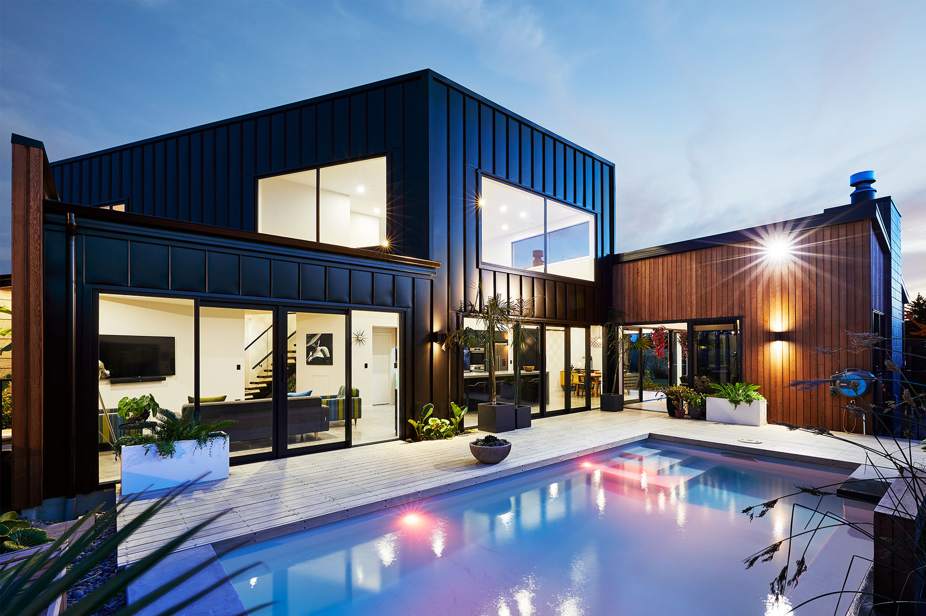 Outdoor living area with a light-up pool