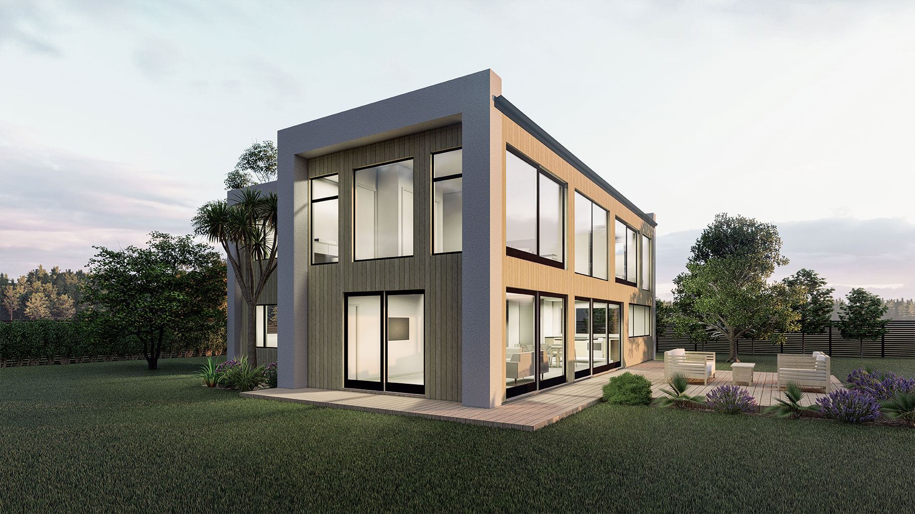 Two storey house with large windows exterior render