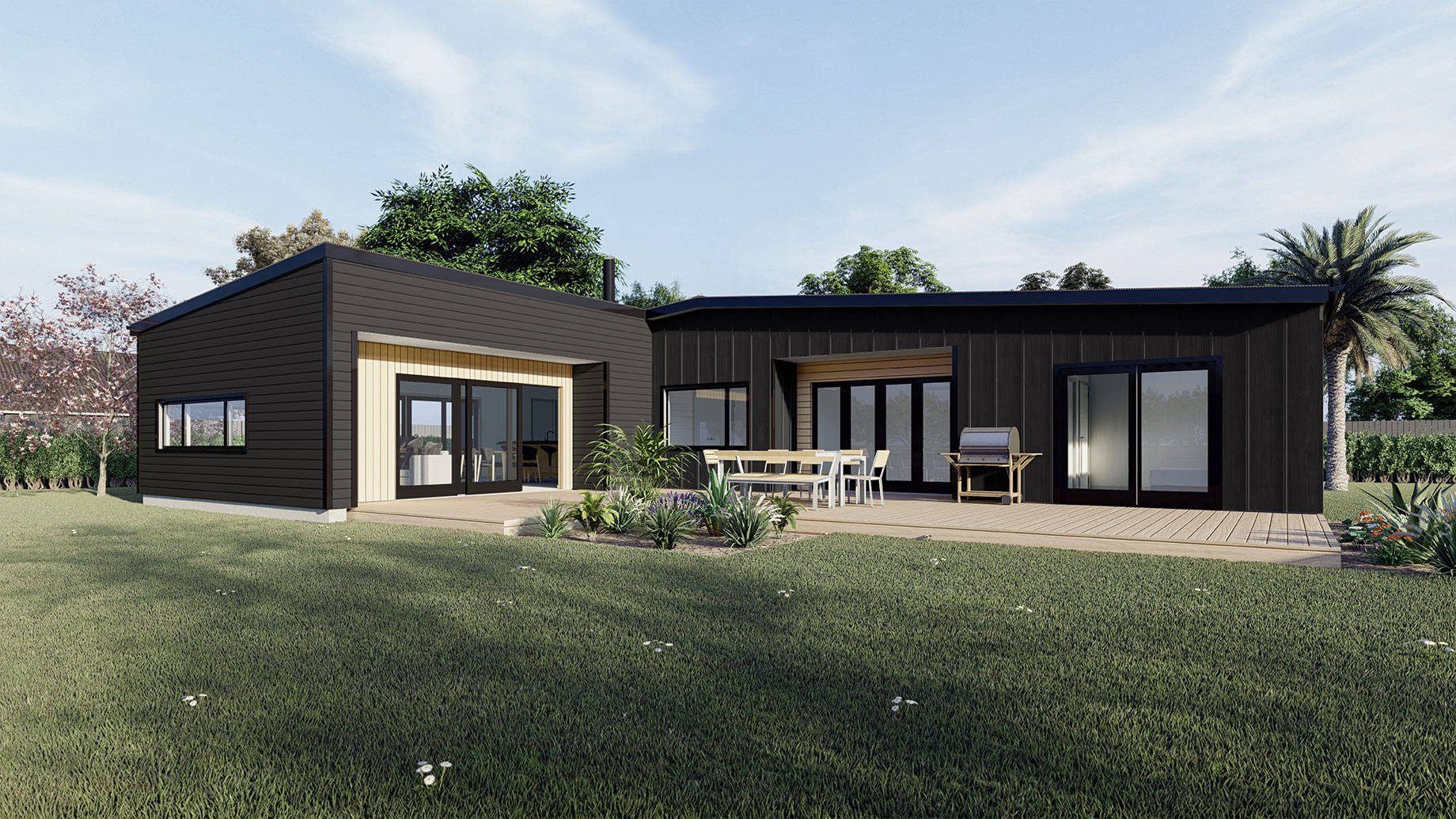 Render of a black one storey house