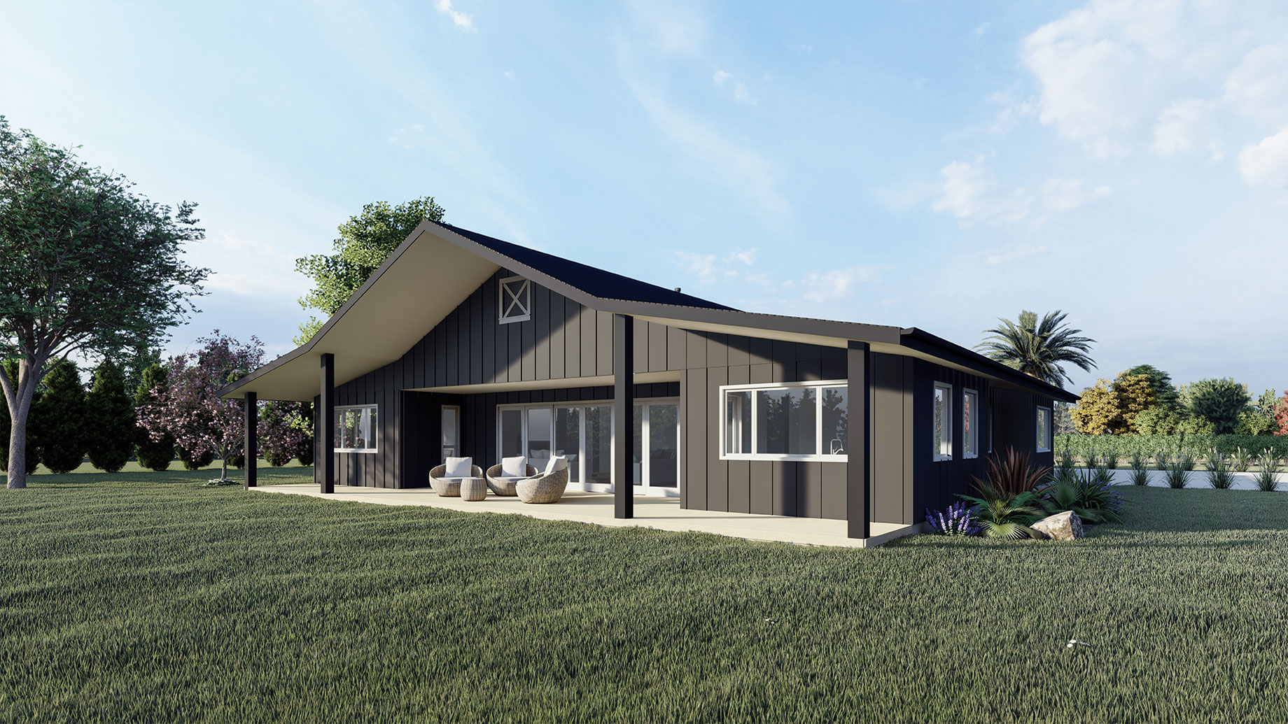 One storey barn style home render