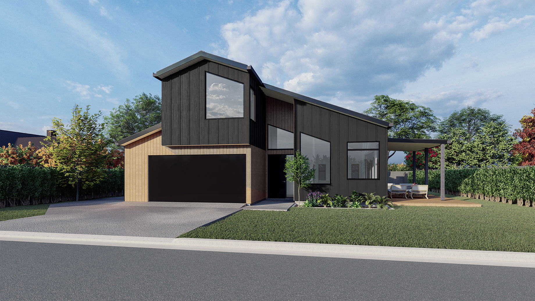 Render of a black and wooden home exterior