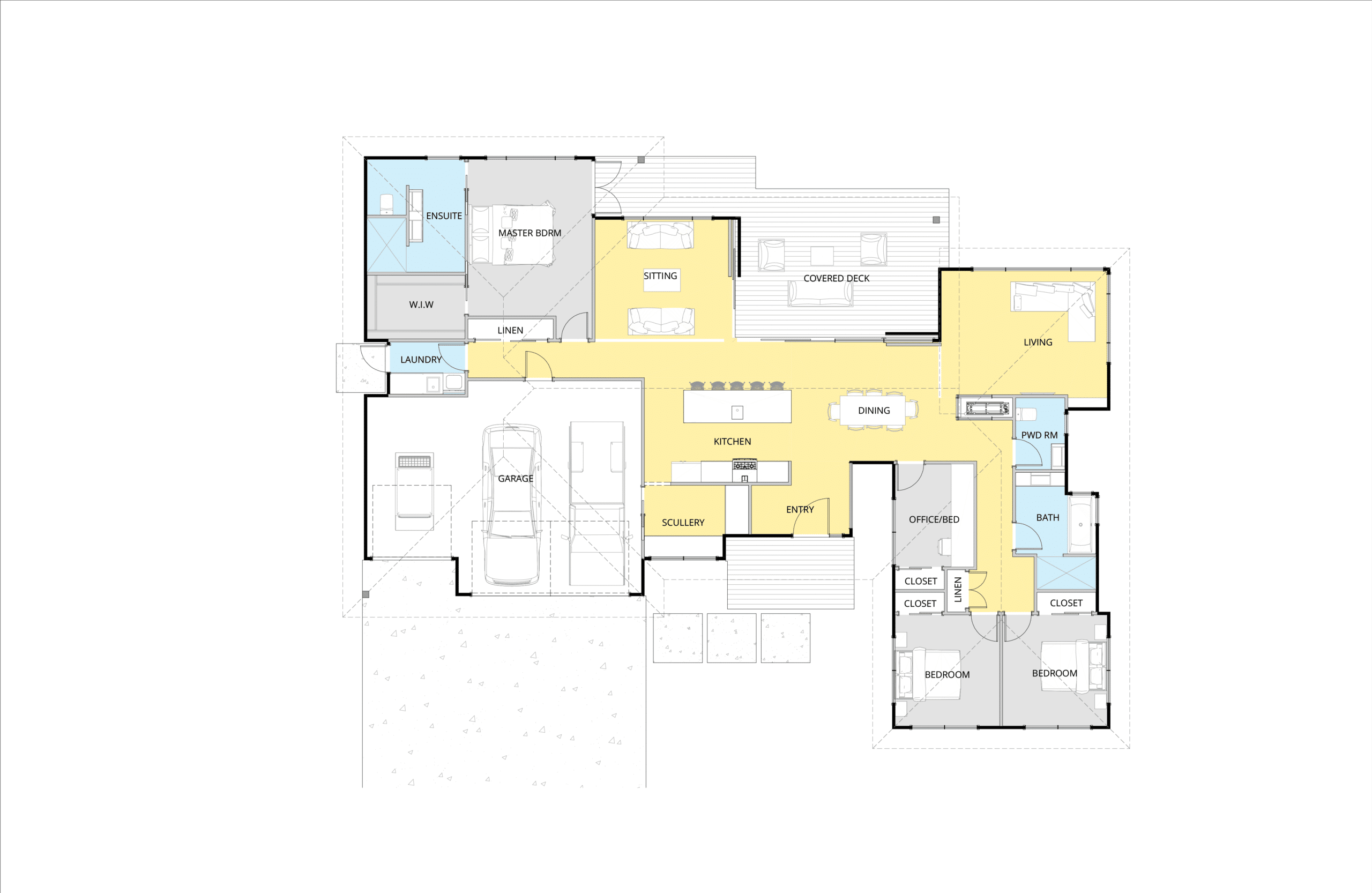 This floor plan is for 19047. The floor area is 250.48 m2. The home has three bedrooms. The master bedroom has a walk in wardrobe and ensuite. A seperate laundry room. The outside has a covered deck and patio area. There is open plan living, dining and kitchen. A seperate office room. The home has two seperate living areas. One double garage and one single garage.