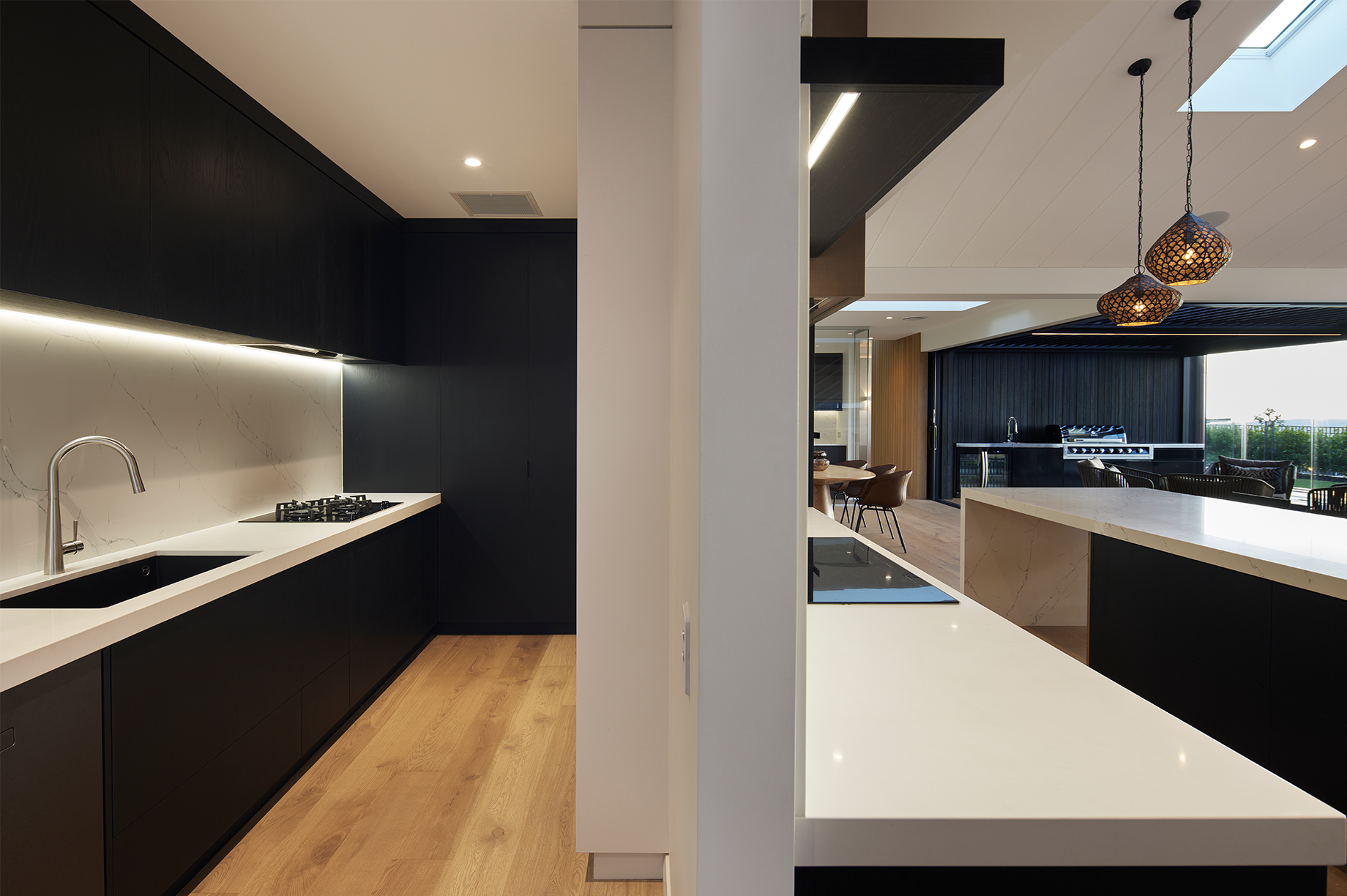 black and white scullery and kitchen interior