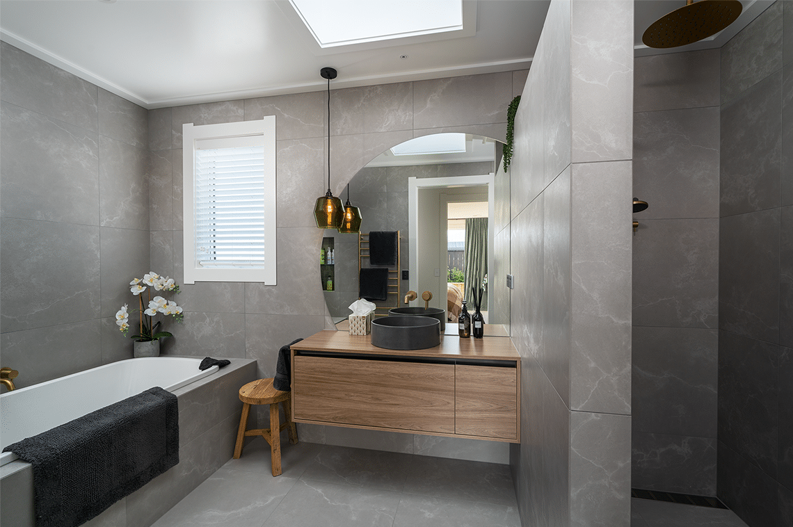 grey tiled bathroom interior