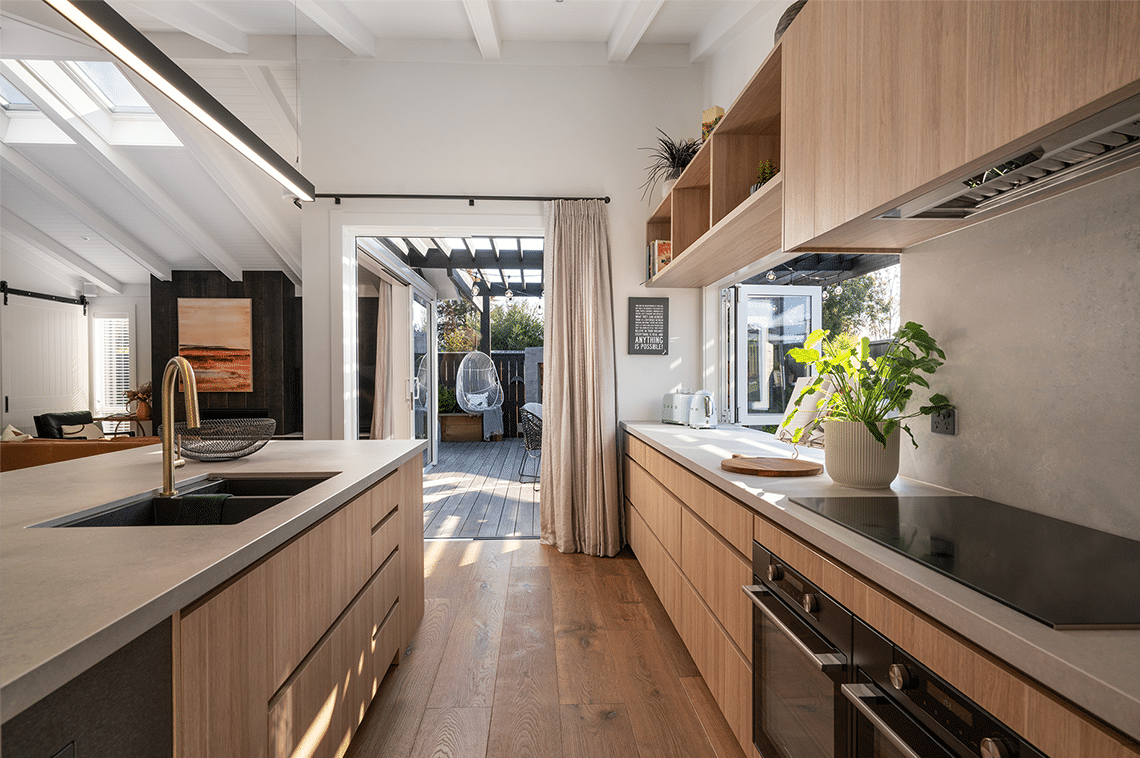 Wooden kitchen interior with outdoor living entrance