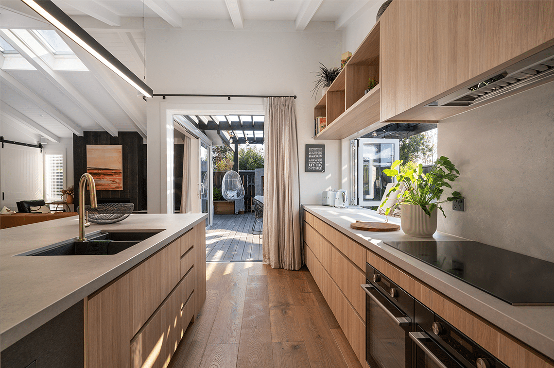 19066-kitchen-outdoor Wooden kitchen interior with outdoor living entrance