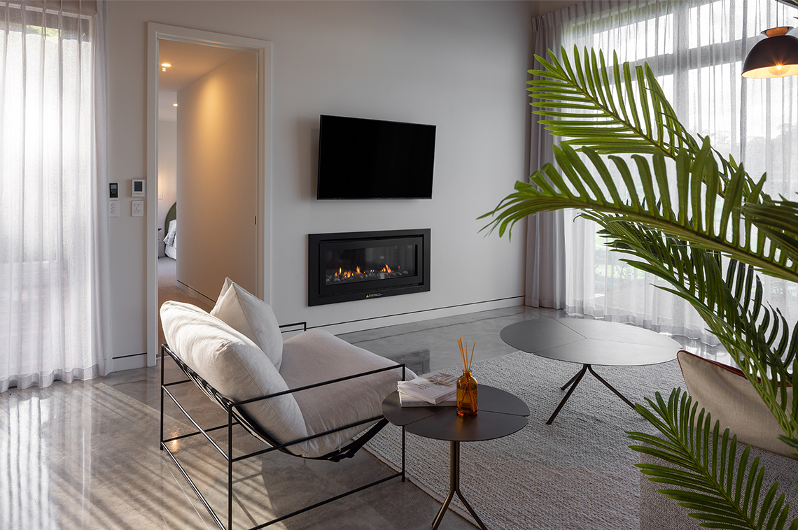 Minimalistic lounge with an inbuilt fireplace and house plants interior