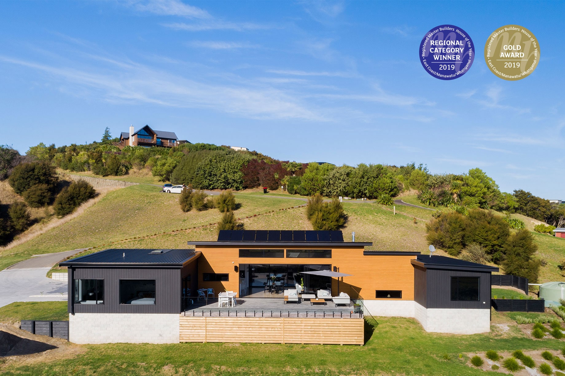 Elevated view of an award winning rural house