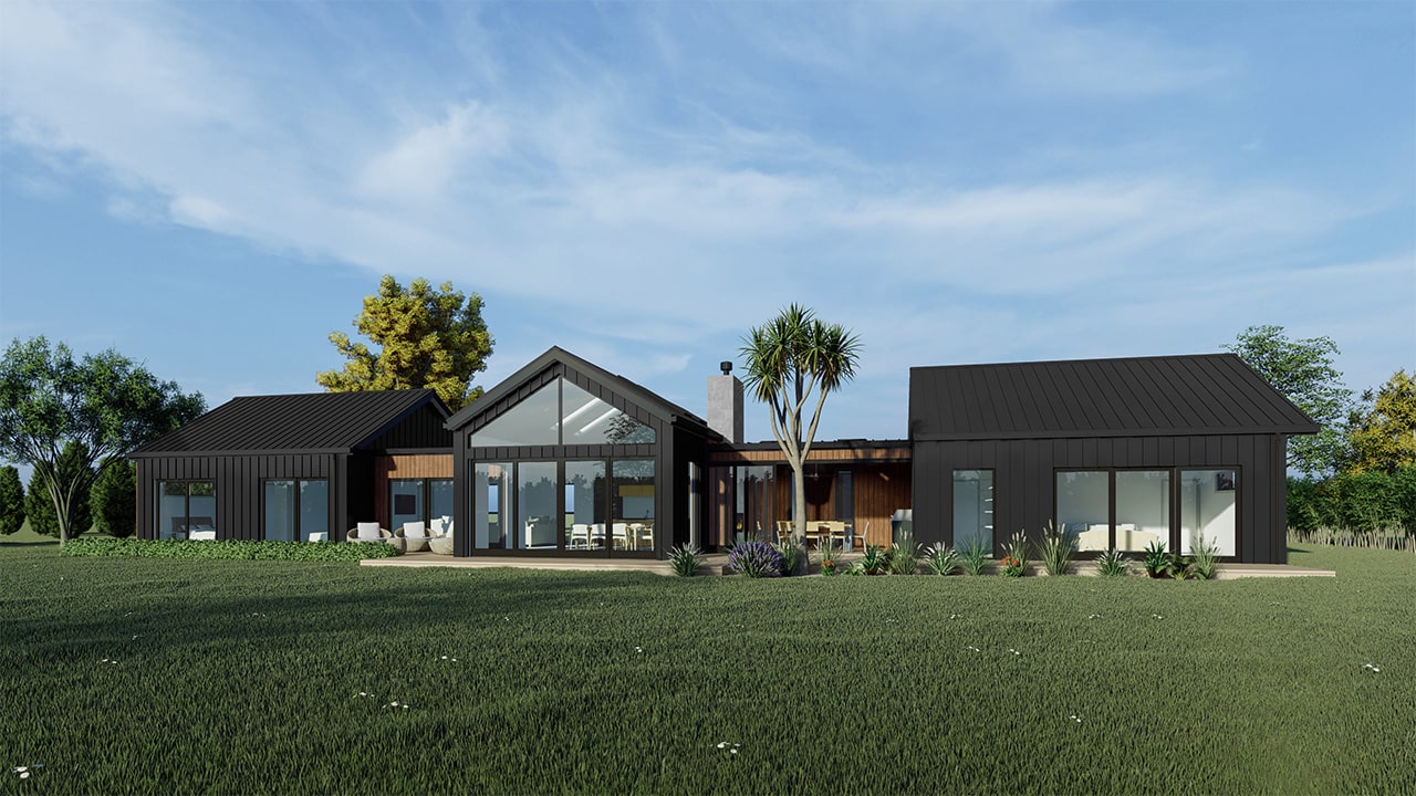 Black house with large windows exterior render