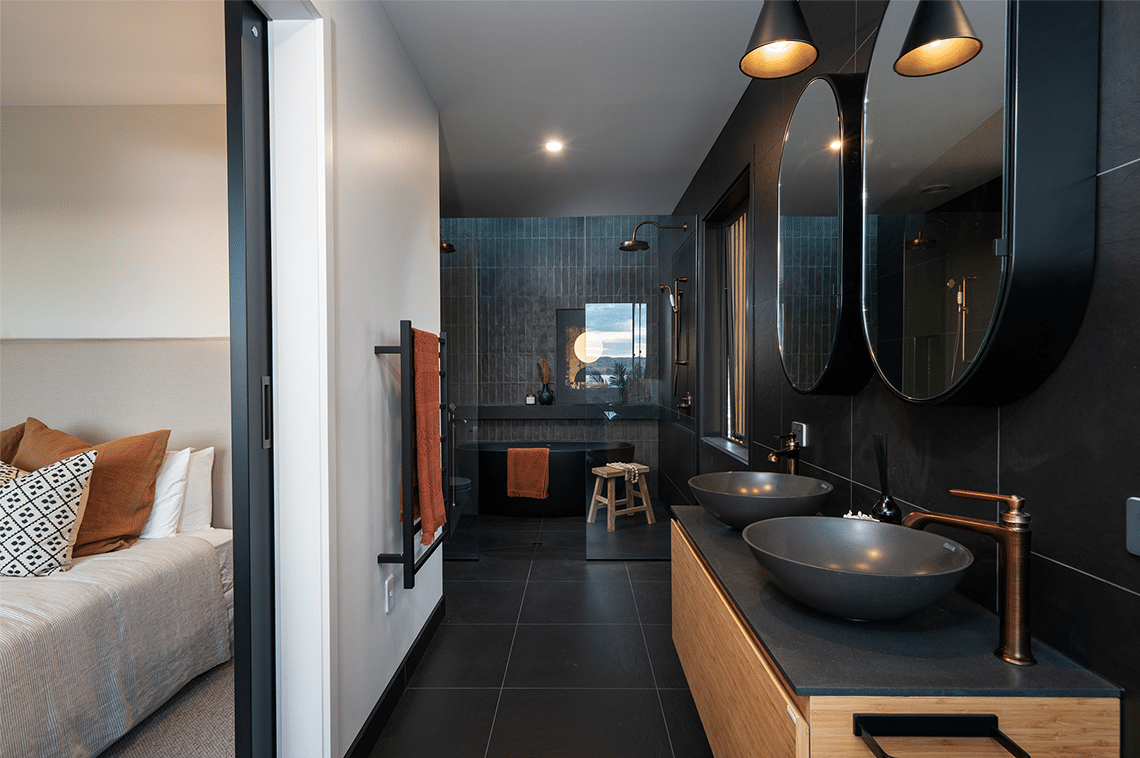 Black and wooden themed bathroom