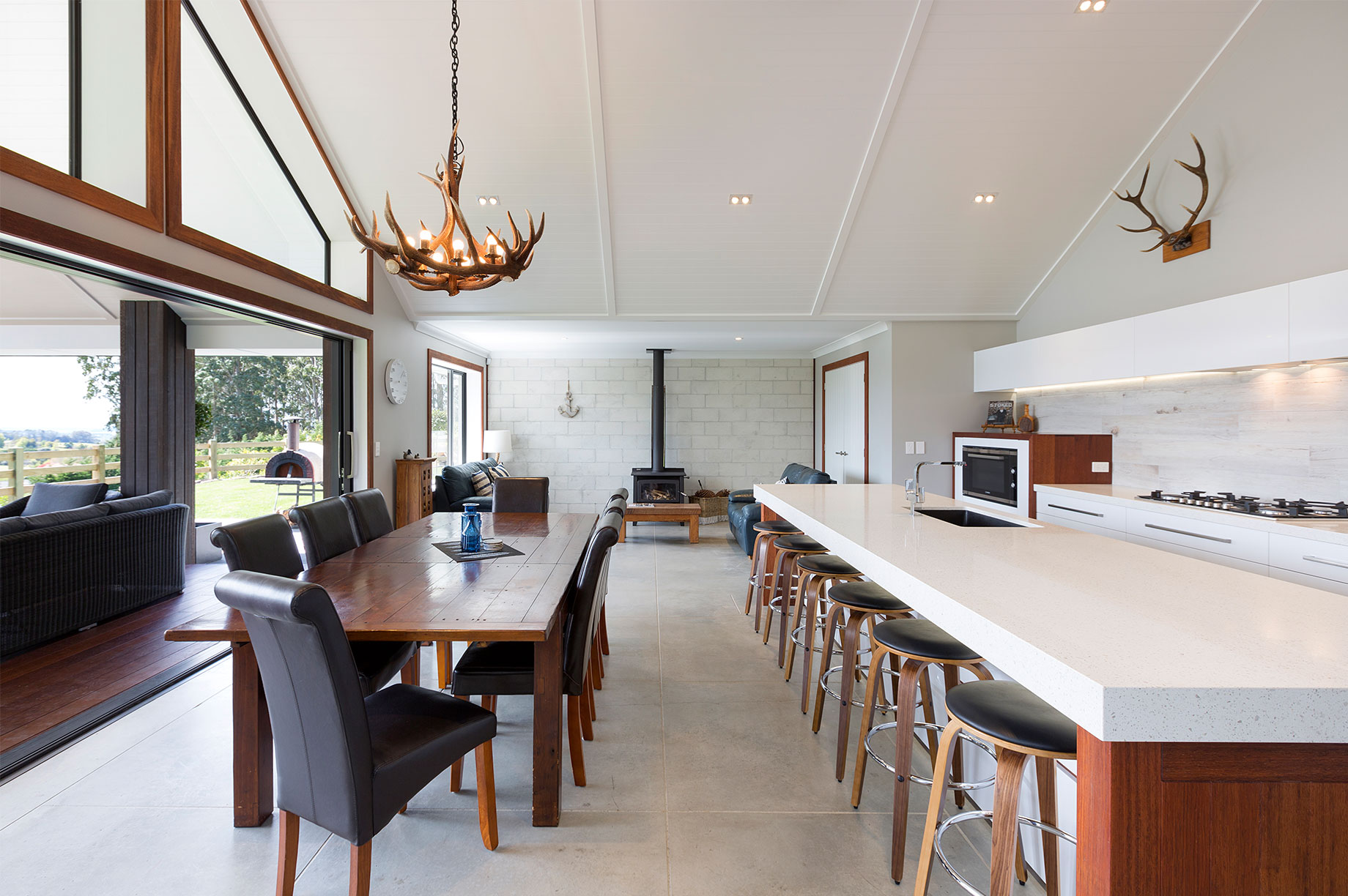 kitchen and dining room with antler chandelier interior