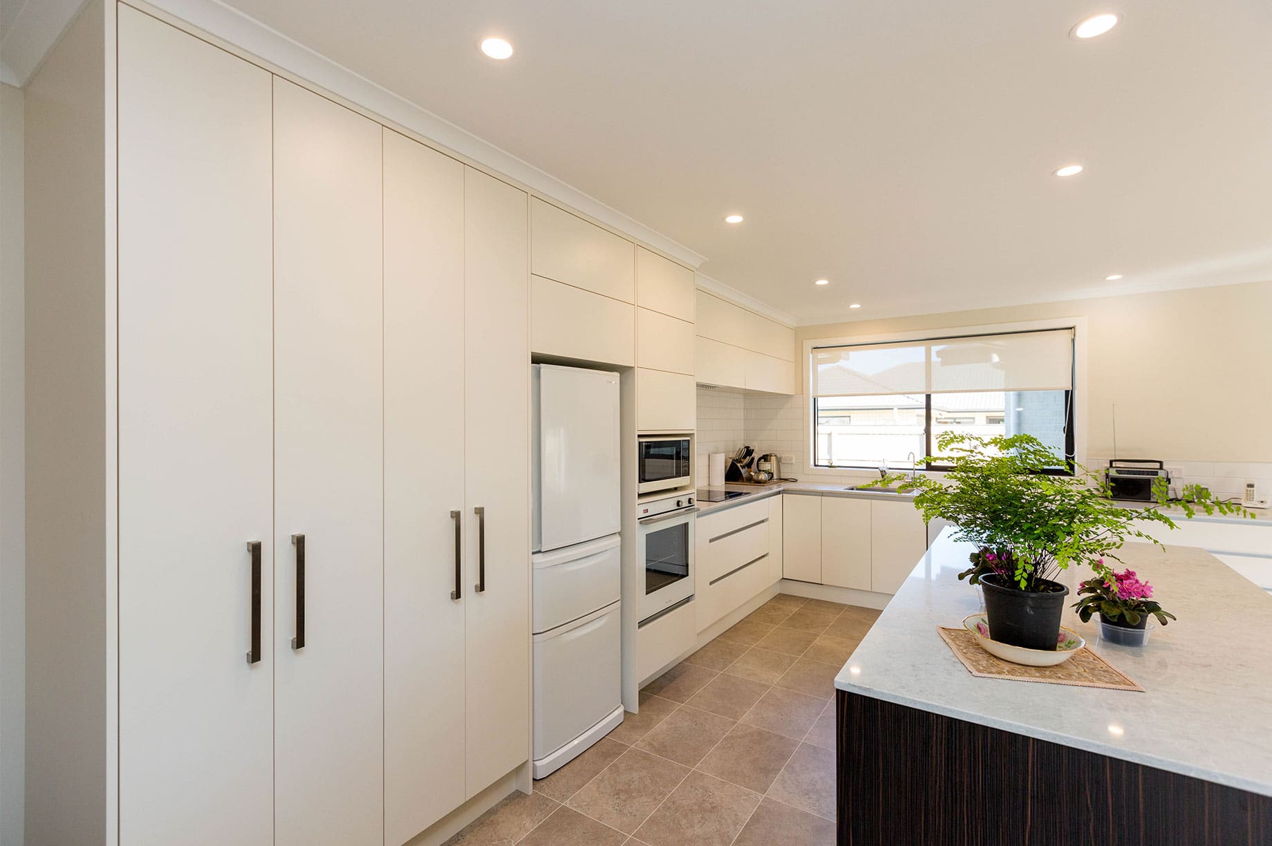 White kitchen interior with indoor plant on bench top