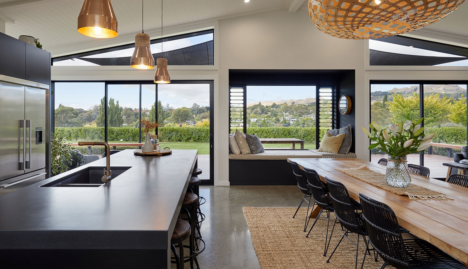 Kitchen and dining area with a view overlooking hills