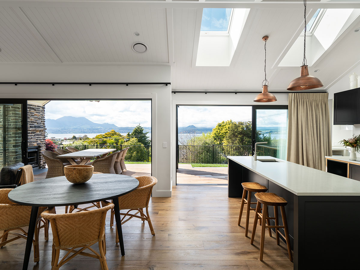 Taupo house kitchen and dining interior in daylight