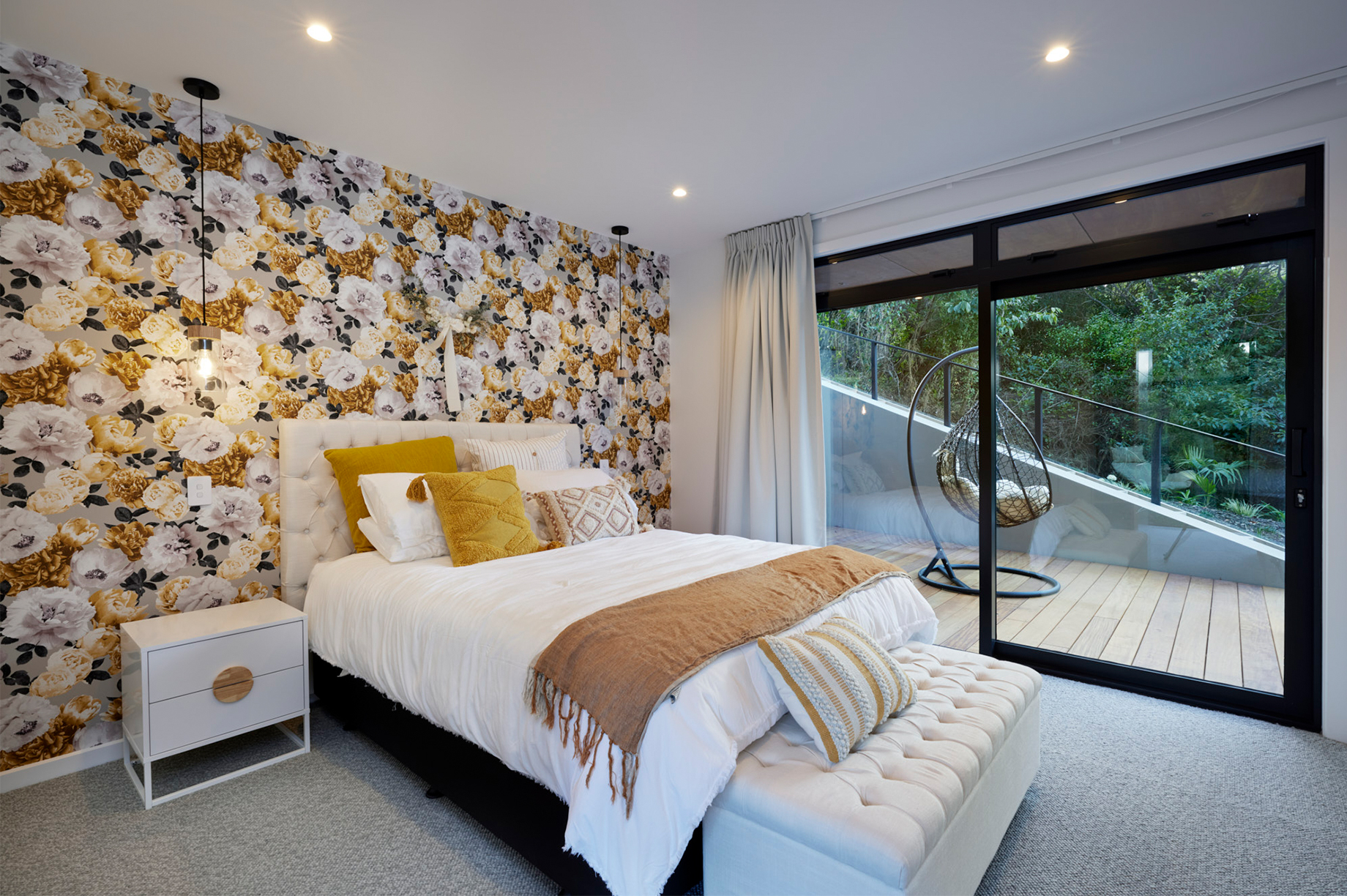 Wellington showhome bedroom with floral wallpaper interior